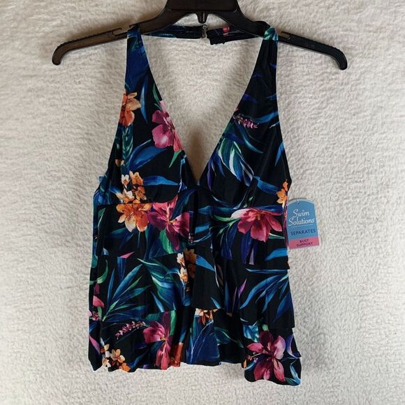 Swim Solutions Triple Tiered Halter Tankini Top Women's 12 Multi Floral Swimwear - Picture 1 of 7
